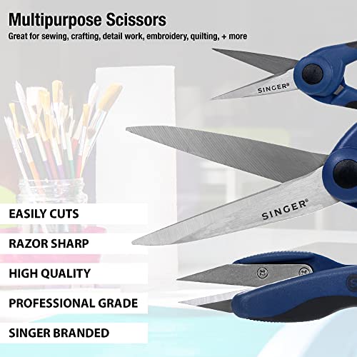 SINGER ProSeries Sewing Scissors Bundle, 8.5" Heavy Duty Fabric Scissors, 4.5" Detail Embroidery Scissors, 5" Thread Snips with Comfort Grip (Dark Blue)