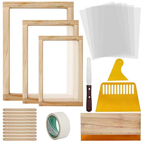 Colovis 23 Pcs Screen Printing Starter Kit, Include 3 Sizes Wood Silk Screen Printing Frame, Screen Printing Squeegees, Transparency Inkjet Film, Masking Tape and Ink Spatula for Screen Printing