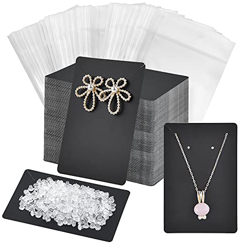 Coopay 120 Pieces Earrings and Necklace Display Cards Earring Holder Cards with 200 Earring Backs and 120 Self-Sealing Bags for Earrings Necklaces Jewelry Display, Black Color, 3.5x2.4 Inches