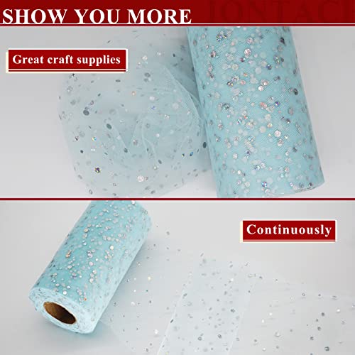 Glitter Tulle Rolls, Sequin Tulle Fabric 6 Inch by 50 Yards Sparkle Ribbon Spool with Bows for DIY Tutu Table Skirt Sewing Bow Wedding Decorations Baby Shower Craft Supplies (Light Blue)