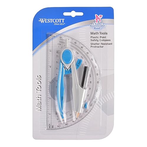 Westcott 14558 2-Piece Compass and Protractor Set with New Plastic Pencil for Math, Geometry