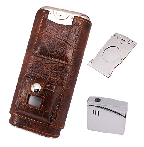 AMANCY Luxury 3 Holder Classy Black Brown Crocodile Pattern Leather Cigar Humidor Case Set with Lighter and Cutter - Great Cigar Gift Kit for Men