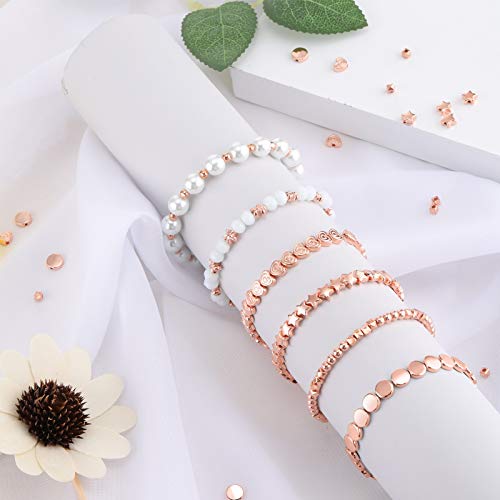 1200 Pieces Spacer Beads Set Star Beads Round Ball Beads Rondelle Faceted Spacer Beads Heart Beads Flower Beads Flat Disc Beads Loose Beads for Bracelet Earring Necklace Jewelry Making (Rose Gold)