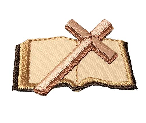 Open Bible with Cross - Brown/Tan - Christian/Religious - Embroidered Iron on Patch