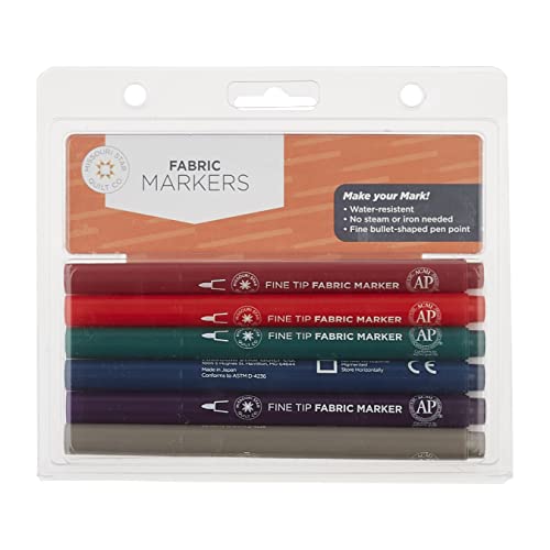 Fine Tip Fabric Marker Set of 6 Colors | Water Resistant Ink, No Steam or Iron Needed | Non Toxic Fabric Pens for Drawing, Quilt Labels, and Clothing Projects, Orange, Blue, Green, Grey, Red, Purple
