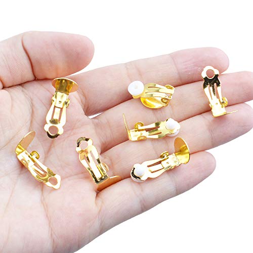 Aylifu Clip-on Earring Findings, 20pcs (10 Pairs) Round Flat Tray Earring Clips Blank Earring Setting Components with 20pcs Earring Pads for Non-Pierced Ears DIY Earring Making -Gold