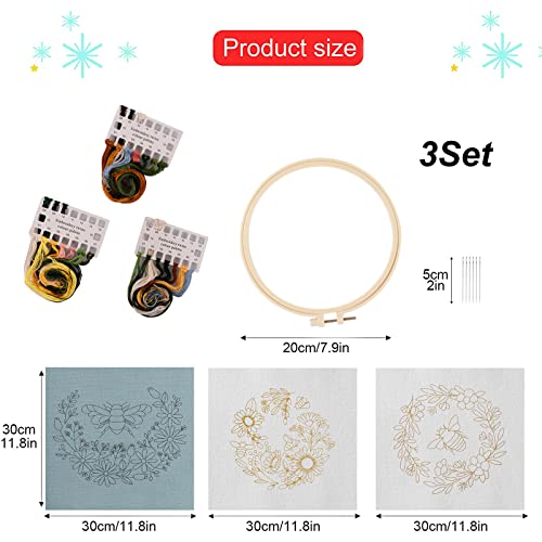 Lukinbox Embroidery Starter Kit for Beginners, 3 Sets Cross Stitch Kits for Adults, Include Embroidery Clothes with Cute Bees and Flowers Patterns, Embroidery Hoop, Threads, Needles and Instruction
