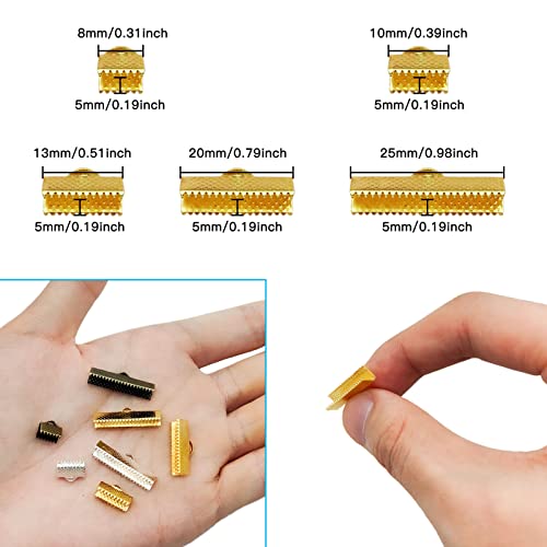 150pcs Clamps Crimp Ends Bracelet Bookmark Leather Pinch Crimps Ribbon Ends Suede End Fasteners Clasp Leather Crimp Ends for Jewelry Making Findings(3 Colors,5 Size)