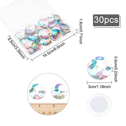 FINGERINSPIRE 30Pcs 30mm Flat Back Round Acrylic Rhinestones with Container Self-Adhesive Crystal Circle Gems Sparkling Plastic Stickers for Costume Making Cosplay Jewels Crafts (Clear AB)
