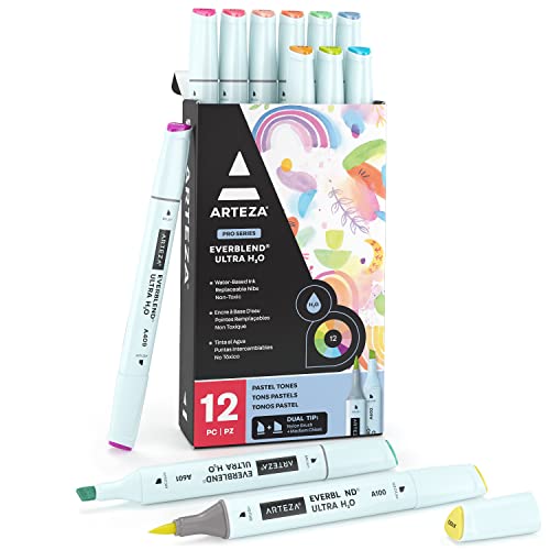 ARTEZA Dual Tip Brush Pens, 12 Pastel Tones, EverBlend Watercolor Calligraphy Markers, Nylon Brush and Medium Chisel Tip, Water-Based Ink