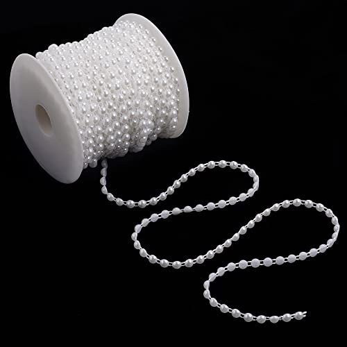 EOPER 6mm Pearl Beads Garland Spool Rope 82ft Half Round Pearl Bead Trim Spool Cotton Line Chain String for Wedding Christmas Party Decoration DIY Crafts ( White )