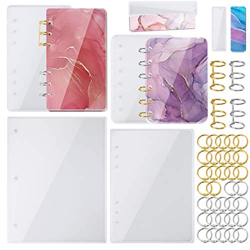 NiArt A4 Large Notebook Cover Epoxy Resin Silicone Molds A4,A5,A6,A7 Bookmark 40PCS Loose Leaf Binder Rings Kit DIY Casting Tool Handmade Agate Art Craft Soft Shiny Glossy Finish Easy Unmold Journal