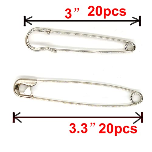 Otylzto Total 40PCS Blanket Safety Pins, 20PCS 3Inch Heavy Duty Safety Pins, 20PCS 3.3Inch Extra Long Safety pins Nickel Plated