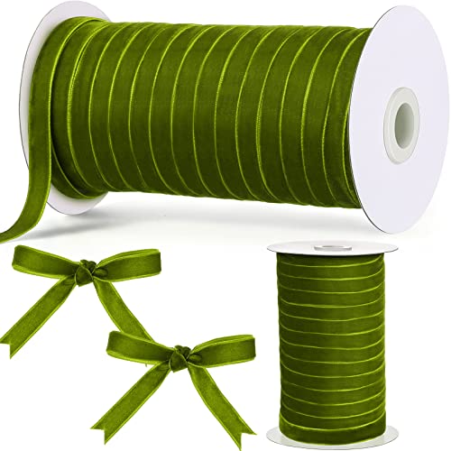 Chuangdi Christmas Vintage Velvet Ribbon Single Face Spool Satin Velvet Ribbon for Christmas Wreath Bow DIY Sewing Projects Gift Wrapping Floral Bouquets (Olive Green, 3/8 Inch, 60 Yard)
