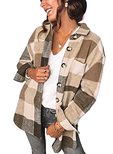 SHEWIN Womens Plaid Shirts Long Sleeve Flannel Lapel Casual Button Down Shacket Jacket Coats with Pockets,US 4-6(S),Khaki