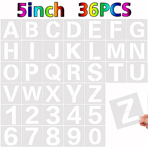 36 Pcs Large Alphabet Letter Stencils and Number Stencils,Reusable Letter Stencils for Painting on Wood Wall Fabric Rock Chalkboard Glass (5 Inches)