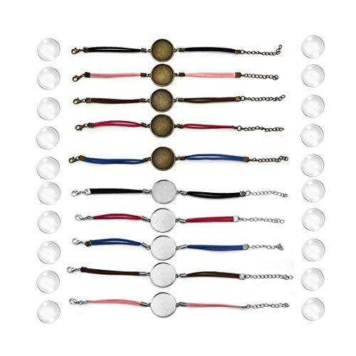 DROLE 40Pcs 25mm Adjustable Leather Cabochon Bracelet Blanks Set-20Pcs Bracelet Bezel for Jewelry Making and 20Pcs 25mm Transparent Glass Dome Cabochon for Bracelet Making Multi-25mm C