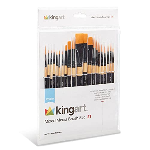 KINGART Studio Mixed Media Brush Set, Set of 21, Variety of Shapes &Sizes, Gold Nylon Filament, Black Gloss Lacquered Handle with Black Ferrule, Acrylic, Watercolor, Oil & More