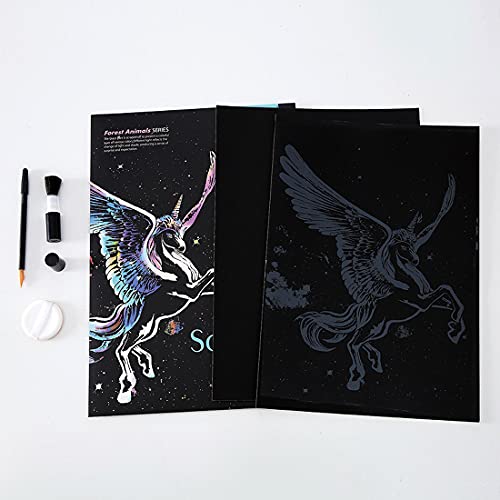 Animal scratch art rainbow painting paper, Engraving Art & Craft Sets, Creative foil scratch art toys gift, DIY sketch card scratchboard for Kids & Adults, Women - 16'' x 11.2'' with 3 tools (Unicorn)