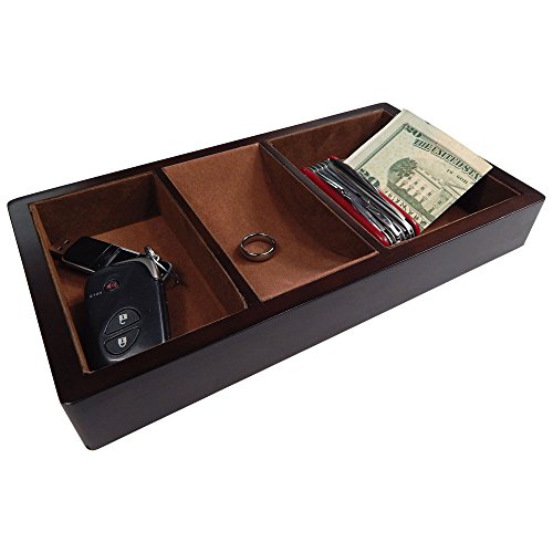 Woltar Wooden Valet Tray with 3 Compartment Leatherette Organizer Box for Wallets, Coins, Keys, and Jewelry