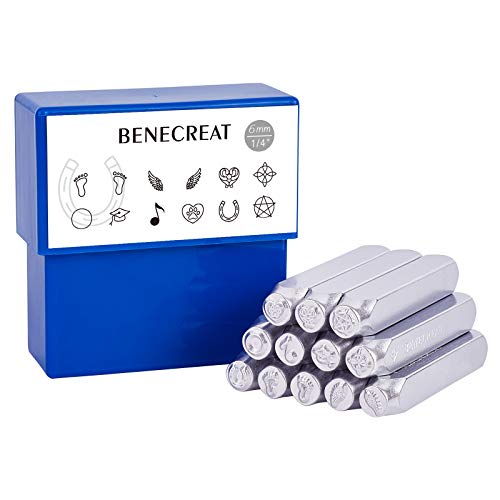 BENECREAT 12 Pack (6mm 1/4") Design Stamps, Metal Punch Stamp (Graphics Theme) Stamping Tool Case - Electroplated Hard Carbon Steel Tools to Stamp/Punch Metal Jewelry Leather Wood