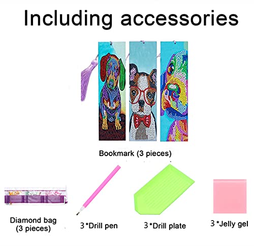 3 Pieces Diamond Painting Kits Cartoon Dog Bookmarks with Tassel DIY Leather Bookmark Art Craft 5D Special Shaped Crystal Paint by Numbers for Adults Kids Students Gift (6x21cm)