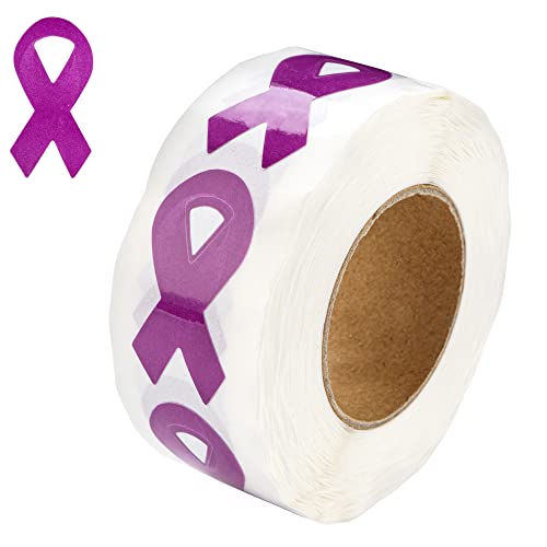 Small Purple Ribbon Shaped Stickers - Perfect for Alzheimer’s, Epilepsy, Pancreatic Cancer, Domestic Violence, Lupus, Crohn’s Disease & More (1 Roll - 250 Stickers)