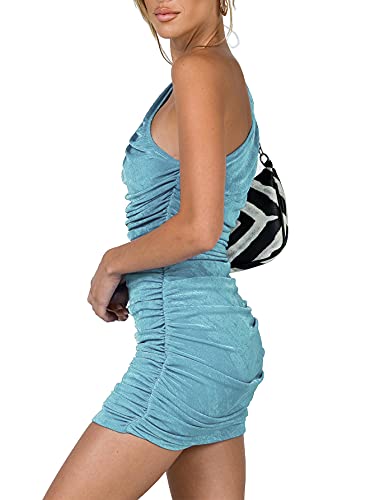 LYANER Women's Sexy One Shoulder Ruched Sleeveless Bodycon Mini Short Dress Sky Blue X-Small