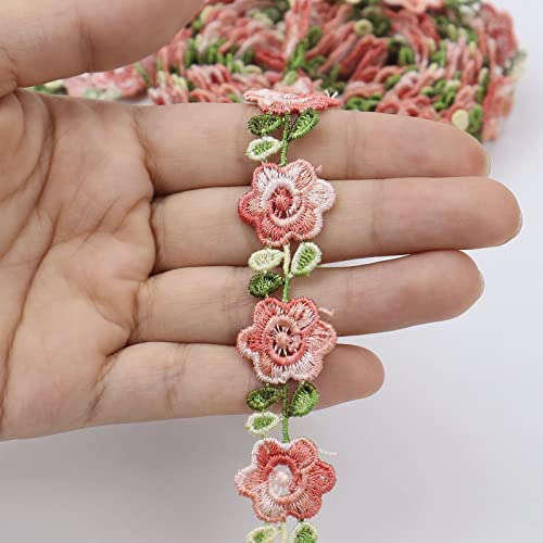 IDONGCAI Floral Lace Trim 4.9 Yards Red Rose Flower Ribbon Trim Decorating Embroidered Applique Sewing Craft Wedding Bridal Dress Embellishment Party Clothes DIY