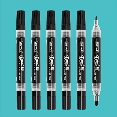 ZEYAR Dual Tip Acrylic Paint Pens, Medium Tip and Extra Fine Tip, Water Based Acrylic & Waterproof Ink, Assorted Colors (6 Black Color)