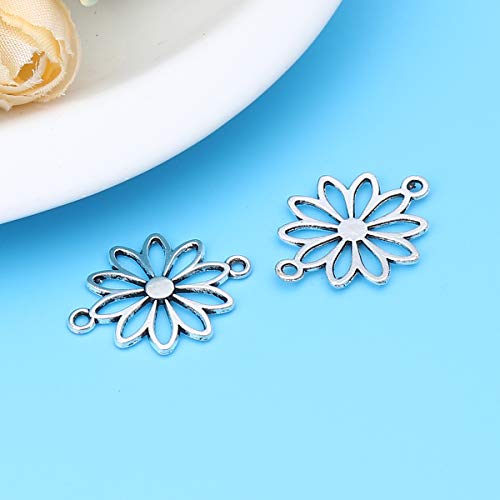 JGFinds Daisy Flower Connector Charms - 45 Pack, 1 inch by 3/4 inch with 1/8 inch bell, Antique Silver Tone, DIY Jewelry Making Supplies
