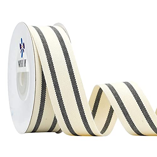 MEEDEE Natural Cotton Ribbon Stripes Fabric Ribbon 1 inch Black and White Stripe Ribbon for DIY Crafts Ribbon for Gift Wrapping Home Decor Sewing (10 Yards)