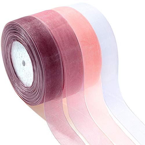 4 Rolls Sheer Chiffon Ribbon Organza Satin Ribbon Chiffon Packing Ribbon for Wedding Gift Bouquets Wrapping Party Wreath Decorations, 49 Yards/Roll(4 Colors)