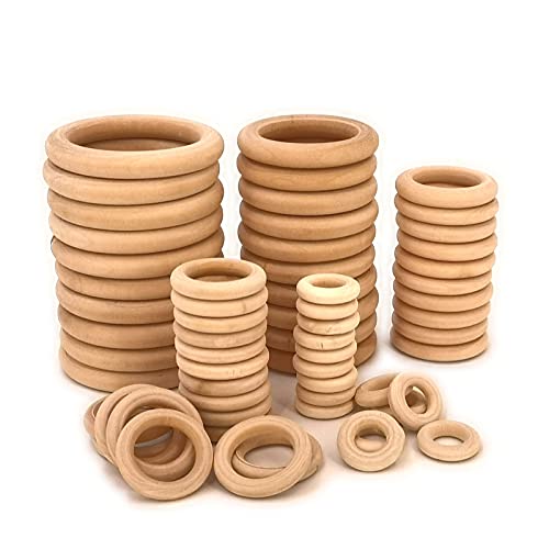 60 Pcs Unfinished Wood Rings for Macrame,5 Different Sizes Wooden Rings for Crafts,70mm/55mm/40mm/30mm/20mm,Natural Solid Wood Ring for Ornaments Crafts, Curtain Rings and Toys,Jewelry DIY Making