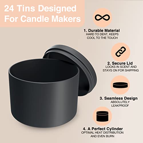 True Candle - 24-Pack 8oz Matte Black Candle tins - Edgeless Cylinder Design - Bulk Candle Jars, Candle Making Supplies, Tin Candle Containers, Empty Candle Bulk Jars with Lids for DIY Candles