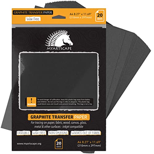 MyArtscape Graphite Transfer Paper, 20 Black Sheets - Wax Free - Erasable - Smudge-Free - Ideal for Drawing, Tracing and Watercolor Transfer - Premium Arts and Crafts Supplies