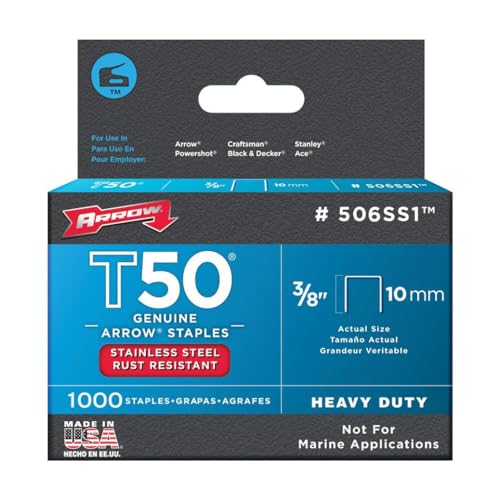Arrow Fastener 506SS1 Heavy Duty T50 Stainless Steel Staples for Upholstery, Construction, Furniture, Crafts, 3/8-Inch Leg 3/8-Inch Crown Size,Length, 31000-Pack