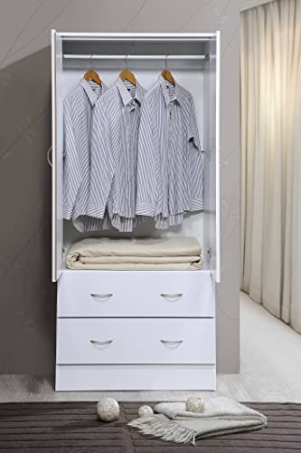 HODEDAH 2 Door Wood Wardrobe Bedroom Closet with Clothing Rod inside Cabinet and 2 Drawers for Storage, White