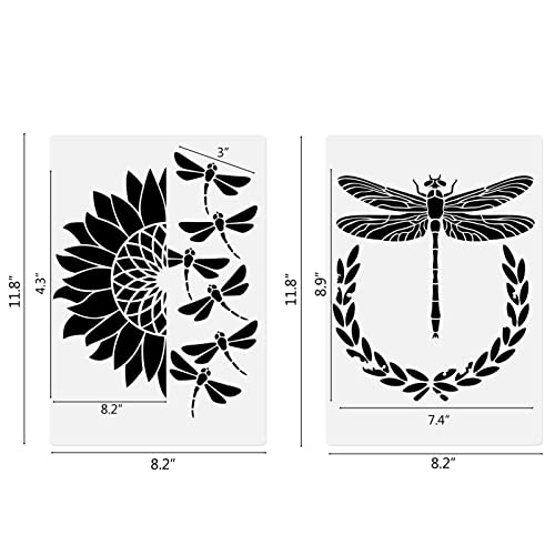 Dragonfly Bee Stencils, 6 Pcs Dragonfly Sunflower Flowers Bee Butterfly Drawing Stencils for Painting on Wood Fabric Wall Furniture Card Making Home Decor Reusable A4 Size 8.3"x11.7"