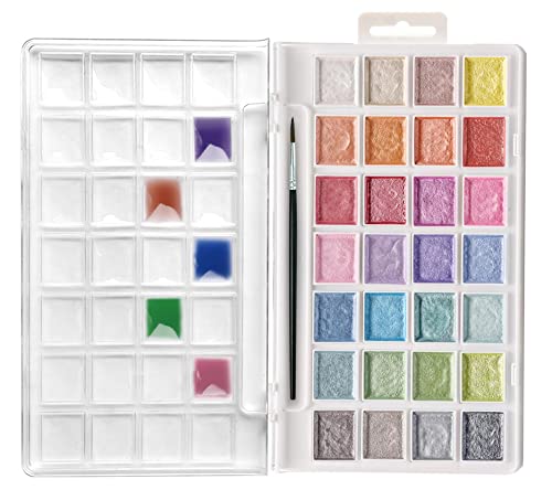 Artecho Watercolor Semi-Moist Paint Set, 28 Metallic Colors Watercolor Cake Set with Classic Paint Brush, Idea for Kids and Adults