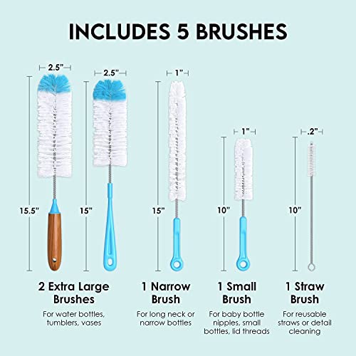 Turbo Microfiber Bottle Brush Cleaner Pack - Set of 5 Long, Cleaning Brushes for Baby Bottles, Water Bottles, Straws, Tumblers, Wine Decanters and Flask - Kitchen Supplies