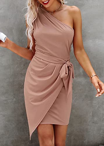 PRETTYGARDEN Women's Fall Fashion 2023 One Shoulder Ruched Bodycon Dresses Sexy Fitted Cocktail Party Dress (Nude Pink,Small)