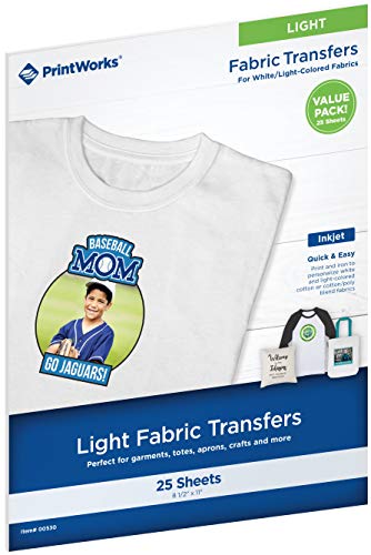 Printworks Light Fabric Transfers, for White/Light-Colored Fabrics, Value Pack, 25 Sheets, Inkjet, 8.5 x 11 (00530)