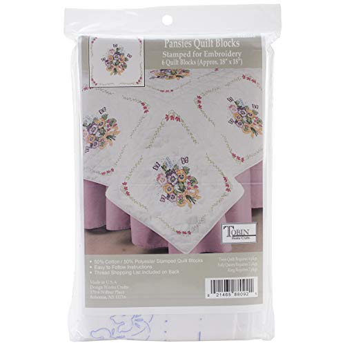 Tobin Pansies Stamped for Embroidery Quilt Block Kit, White 18" x 18"