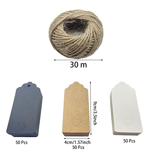 150 Pcs Kraft Paper Gift Tags, with 30 Meters Natural Jute Twine, for Blank Gift Labels DIY Arts Crafts, Wedding Thanksgiving Christmas Present.