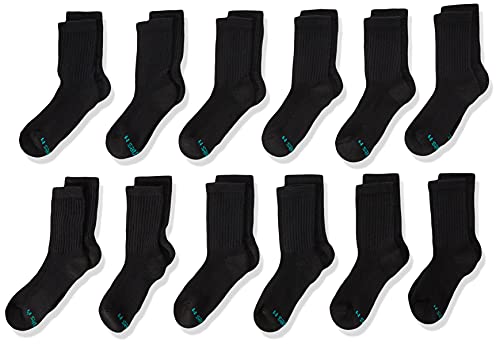 Hanes Large-Shoe Size: 3-9 Boys, Double Tough Cushioned Crew Socks, 12-Pair Packs, Black
