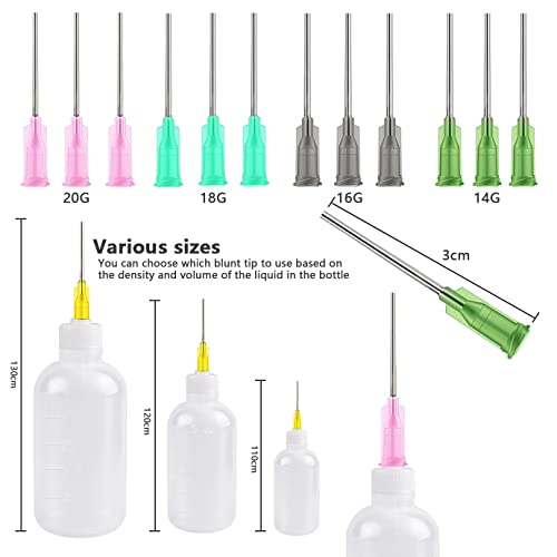 WXJ13 Needle Tip Glue Bottles Applicator Set,30ml 50ml 100ml Plastic Squeeze Dropper Bottles with 8 Caps and 12 Blunt Needle Tips for Craft Art Project,Paint Quilling Craft and Oil