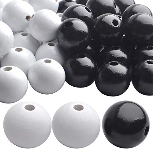 Aylifu Round Wood Beads, 50pcs 25mm Natural Round Wooden Beads Small Hole Wood Loose Beads Smooth Painted Spacer Loose Beading Supplies for Necklace Bracelets Jewelry Making, White and Black