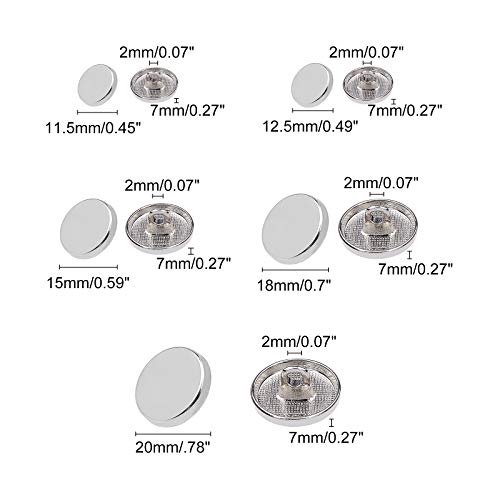 OLYCRAFT 100pcs Alloy Shank Buttons Metal Flat Buttons 5 Sizes Round Sewing Buttons for Sewing DIY Crafts and Jewelry Making - Platinum