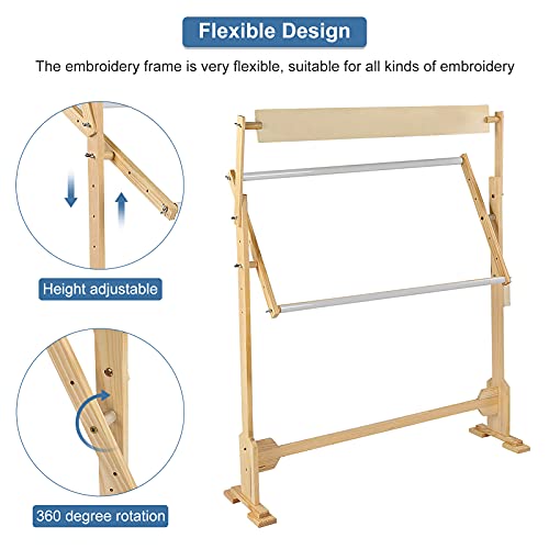 Adjustable Embroidery Stand, Wooden Frame Cross Stitch Floor Stand 360° Rotated Needlework Stand Holder Lap Table Craft Sewing Tool with Scroll Frame